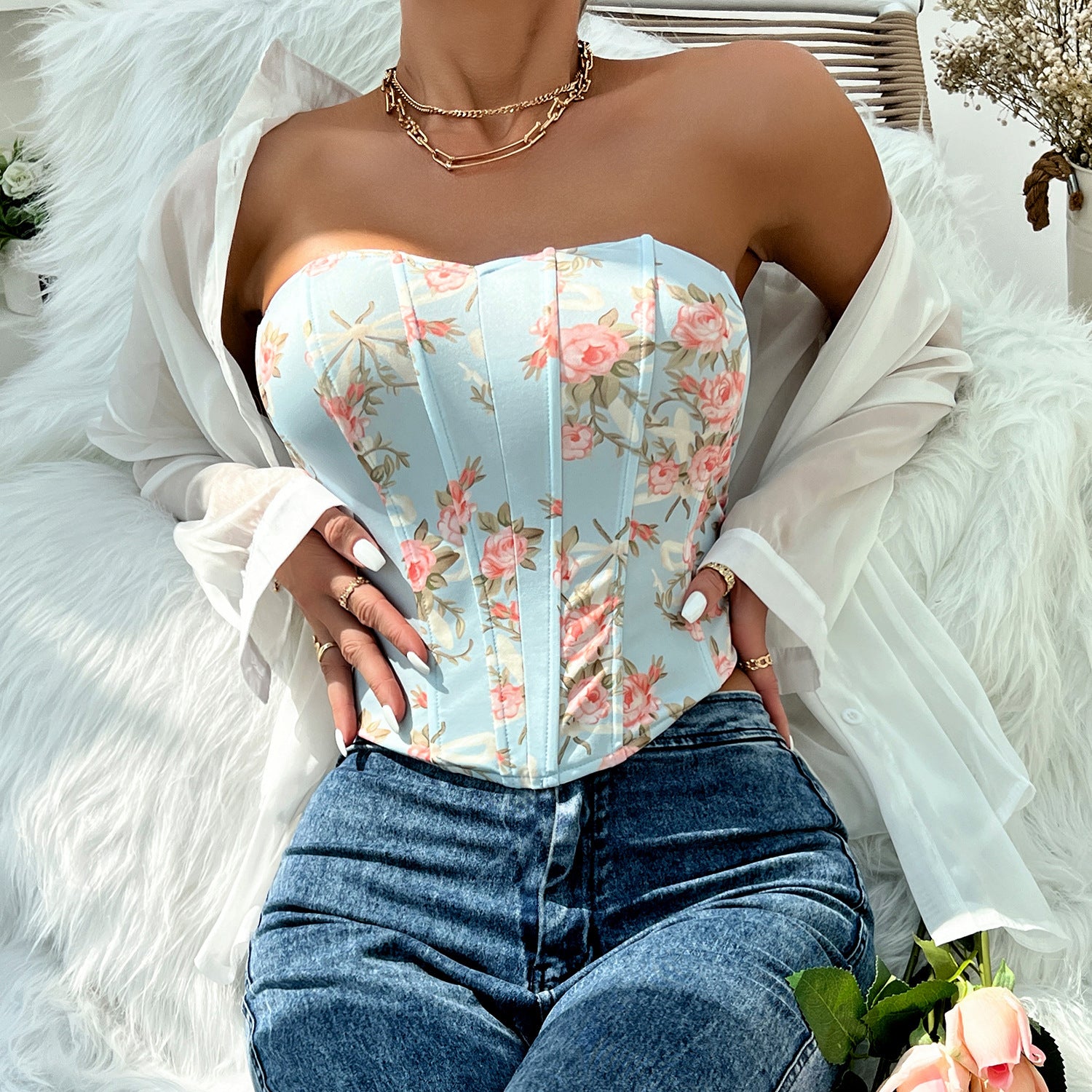 Floral Sweetheart Neck Corset Top - Chiccharm Boutique