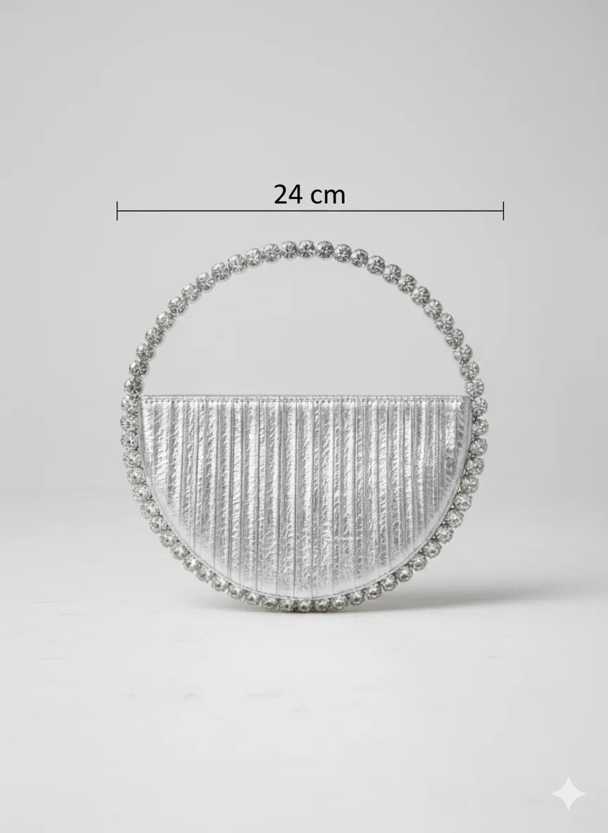 Silver beaded handbag with dimensions on a light gray background