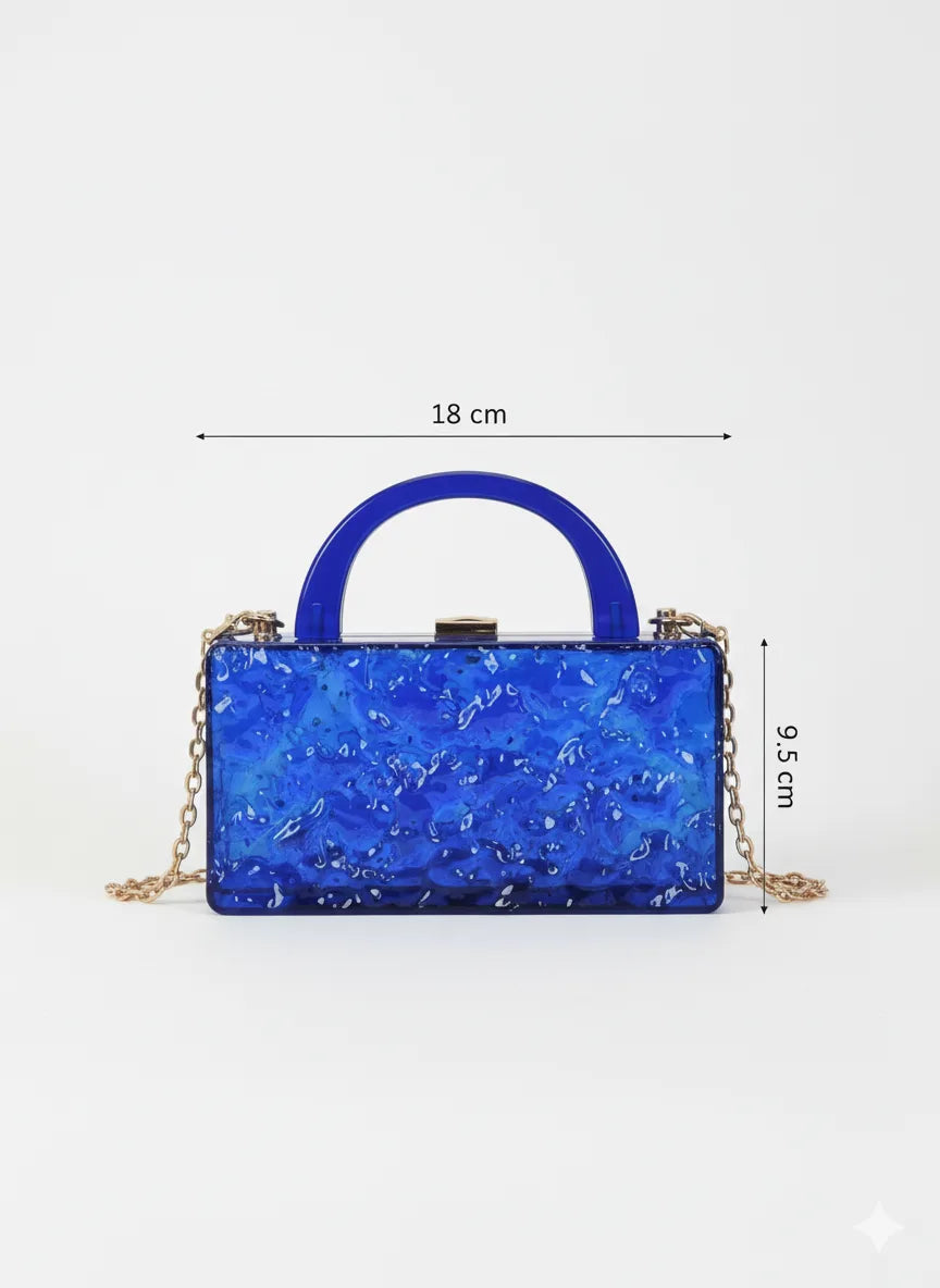 Blue handbag with chain detail and measurements on a white background