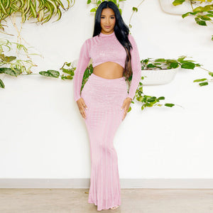 Glamorous Long-Sleeve Cutout Maxi Sparkly Set - Chiccharm