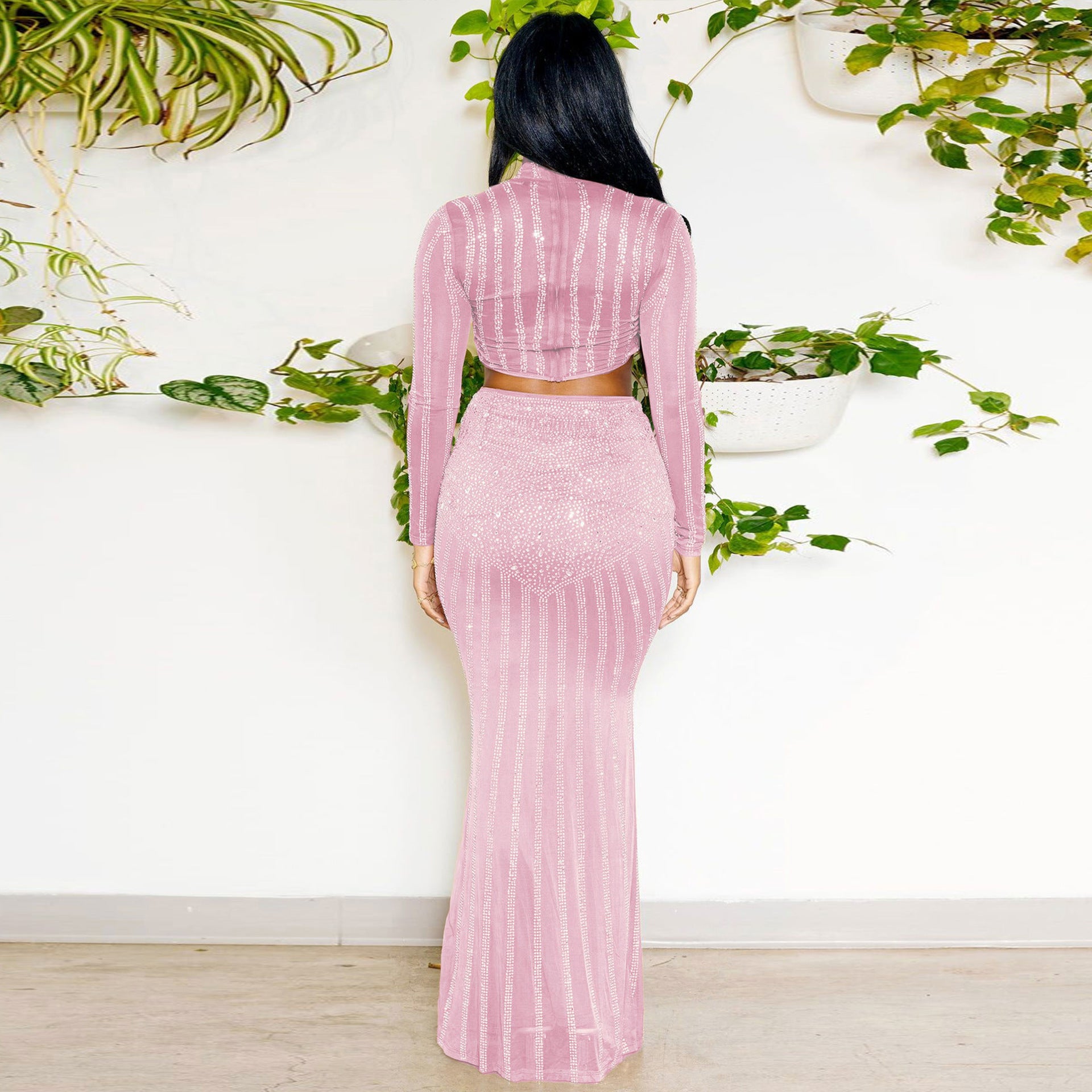 Glamorous Long-Sleeve Cutout Maxi Sparkly Set - Chiccharm