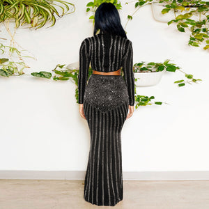 Glamorous Long-Sleeve Cutout Maxi Sparkly Set - Chiccharm