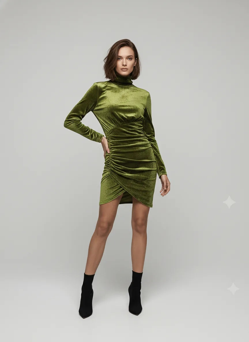 High Neck Ruched Velvet Dress - Chiccharm Boutique