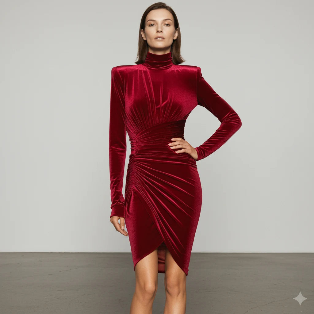 High Neck Ruched Velvet Dress - Chiccharm Boutique