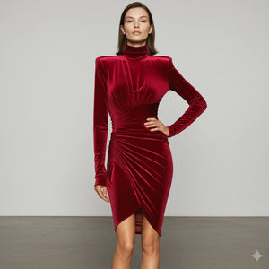 High Neck Ruched Velvet Dress - Chiccharm Boutique
