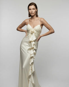Ivory satin maxi dress with 3D flower rosette and cascading ruffle, luxury summer resort wear and party dress UK - Chiccharm Boutique.