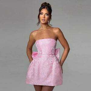 Jacquard White Mini Dress Strapless with Bow Detail - Chiccharm