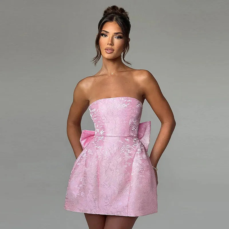 Jacquard White Mini Dress Strapless with Bow Detail - Chiccharm