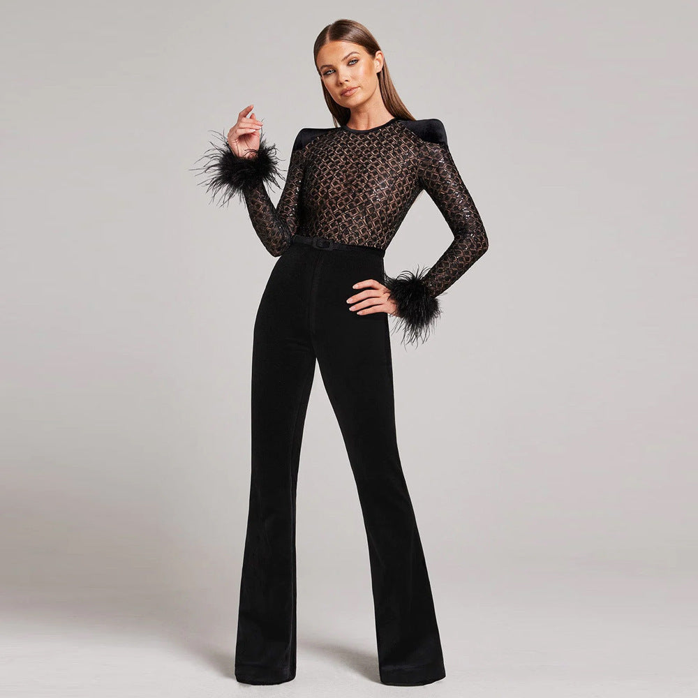 Lace Feather Sequins Bandage Jumpsuit - Chiccharm Boutique