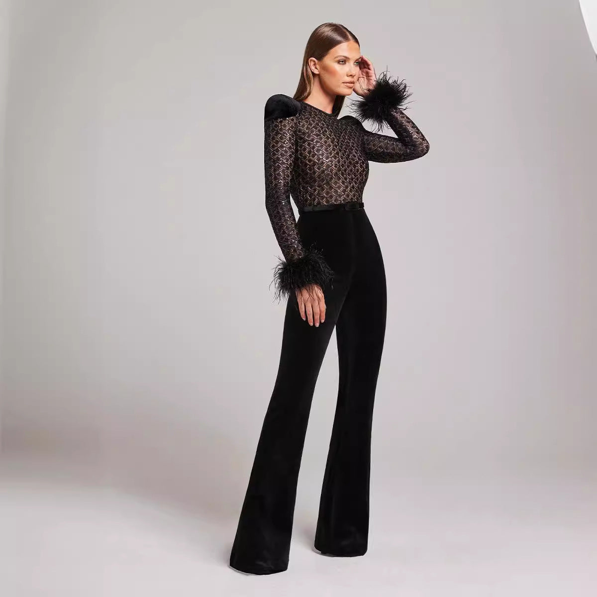 Lace Feather Sequins Bandage Jumpsuit - Chiccharm Boutique