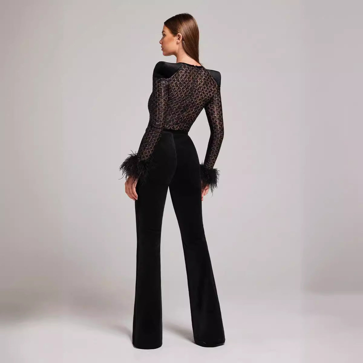 Lace Feather Sequins Bandage Jumpsuit - Chiccharm Boutique