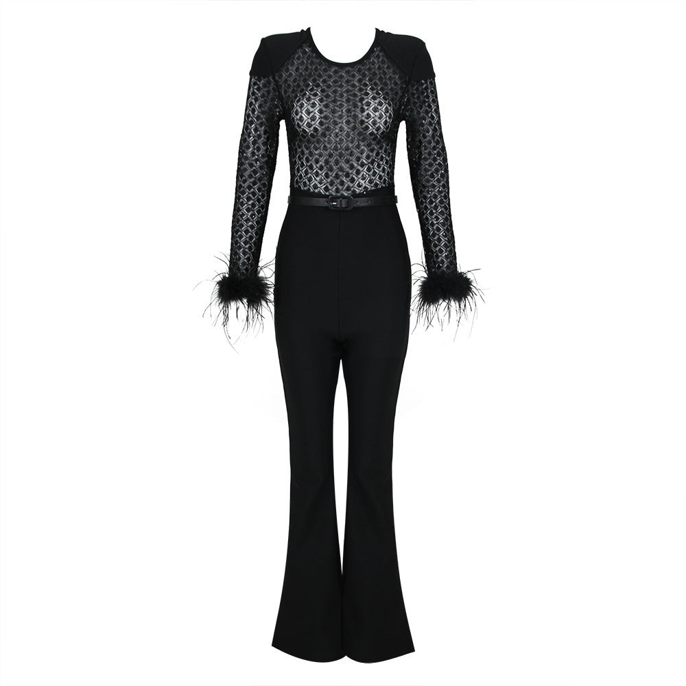 Lace Feather Sequins Bandage Jumpsuit - Chiccharm Boutique