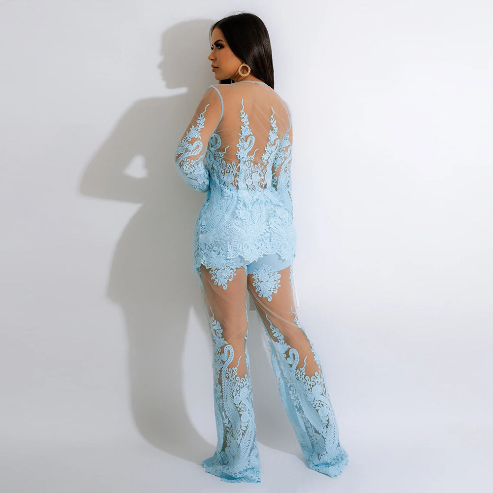 Lace Long-Sleeve Set with Sheer Detailing - Chiccharm