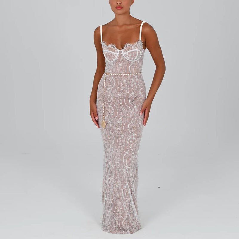 Lace Splicing Sling Long Dress - Chiccharm Boutique