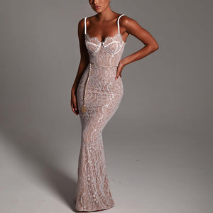 Lace Splicing Sling Long Dress - Chiccharm Boutique