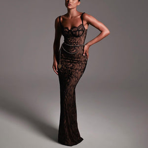Lace Splicing Sling Long Dress - Chiccharm Boutique