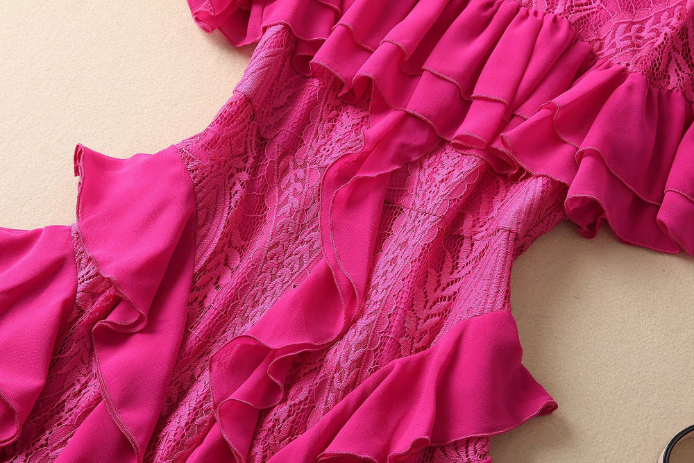 Layered Lace and Ruffle Dress​ Midi - Chiccharm