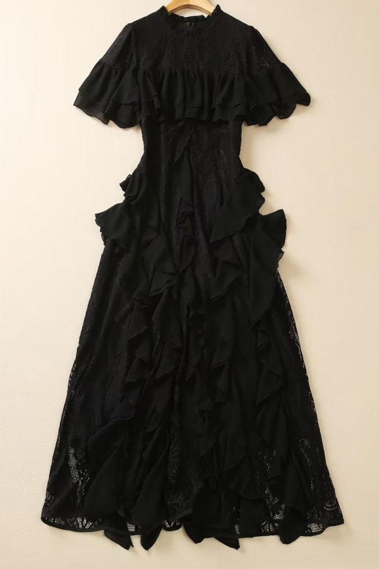 Layered Lace and Ruffle Dress​ Midi - Chiccharm