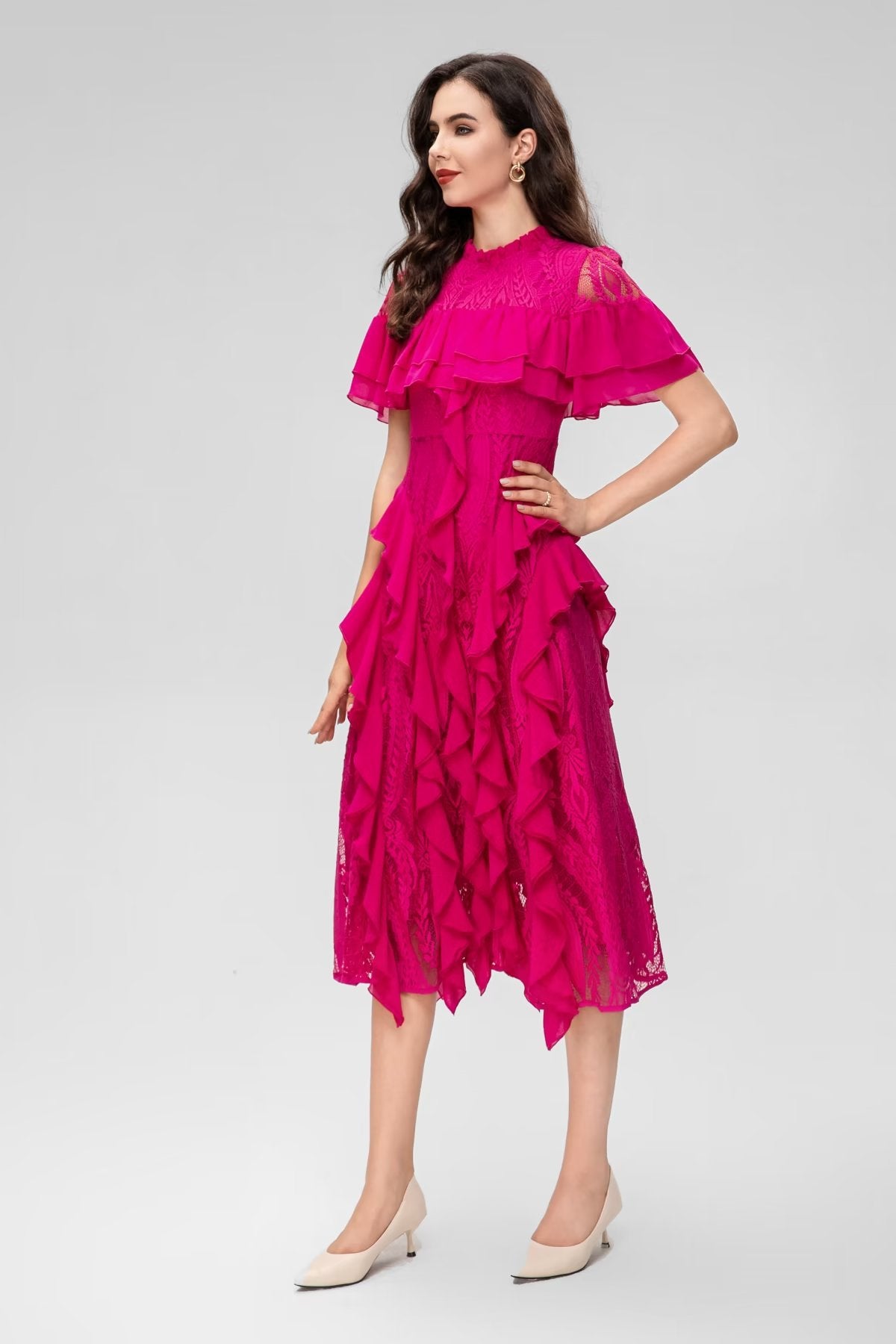 Layered Lace and Ruffle Dress​ Midi - Chiccharm