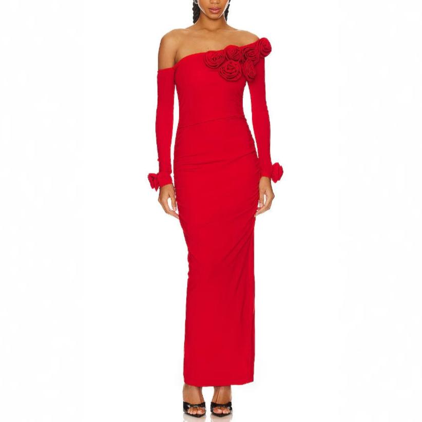 Long Sleeved Red 3D Flower Dress
