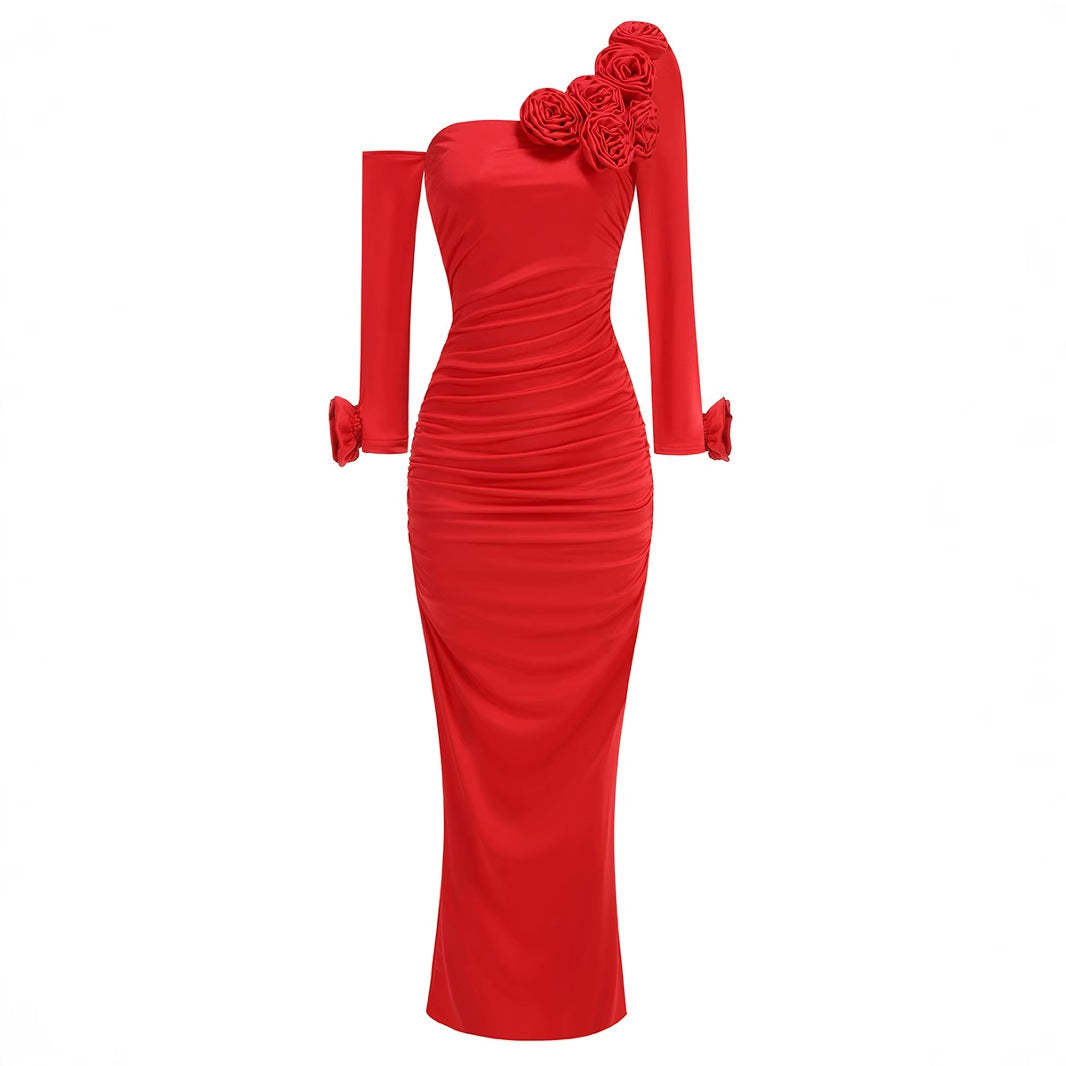 Long Sleeved Red 3D Flower Dress