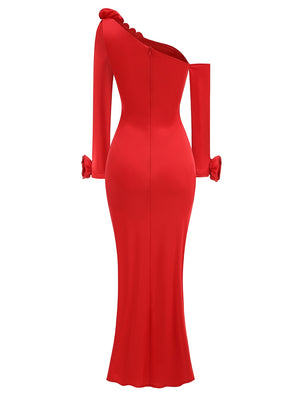 Long Sleeved Red 3D Flower Dress