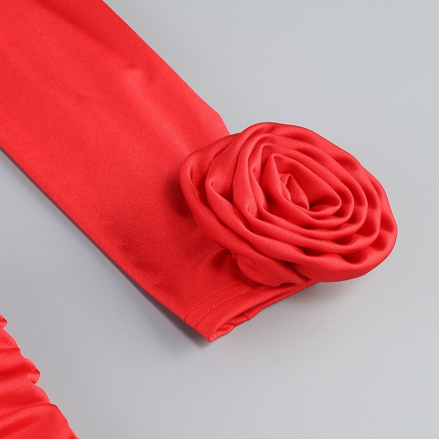 Long Sleeved Red 3D Flower Dress
