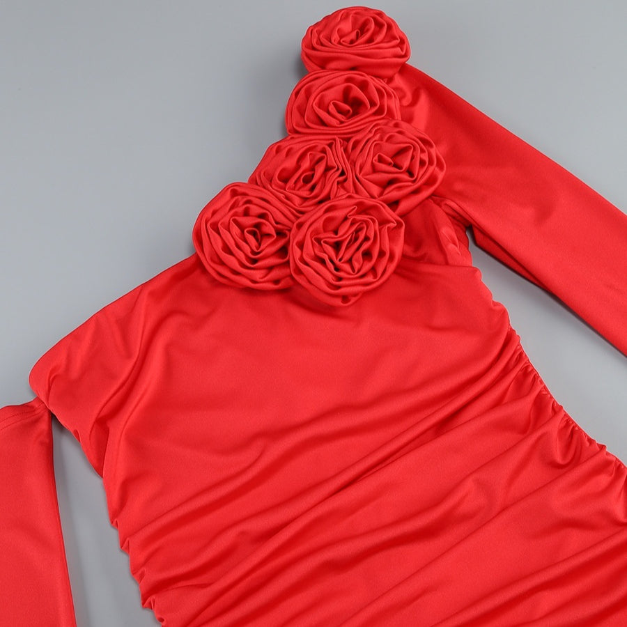 Long Sleeved Red 3D Flower Dress