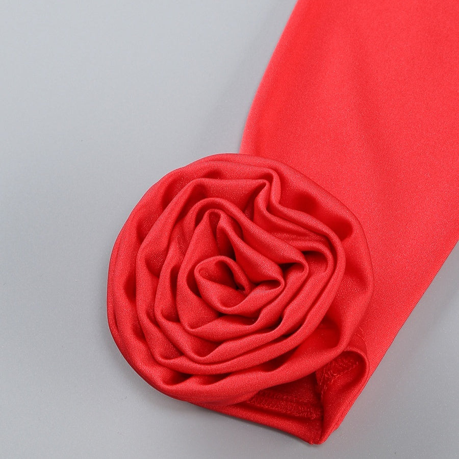 Long Sleeved Red 3D Flower Dress