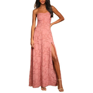 long strapless dress with  front slit​ Embroidery Dress - Chiccharm