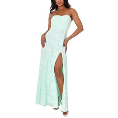 long strapless dress with  front slit​ Embroidery Dress - Chiccharm