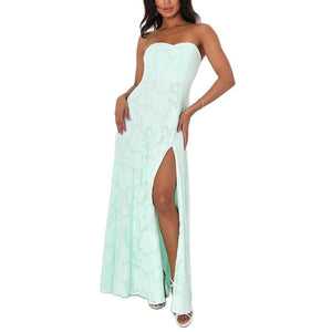 long strapless dress with  front slit​ Embroidery Dress - Chiccharm