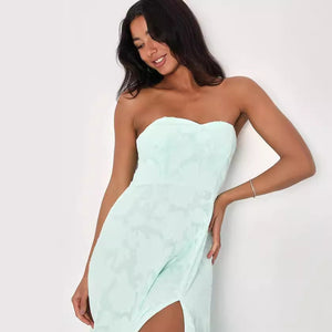 long strapless dress with  front slit​ Embroidery Dress - Chiccharm