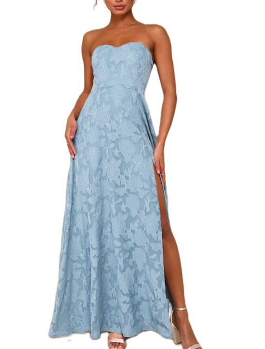 long strapless dress with  front slit​ Embroidery Dress - Chiccharm