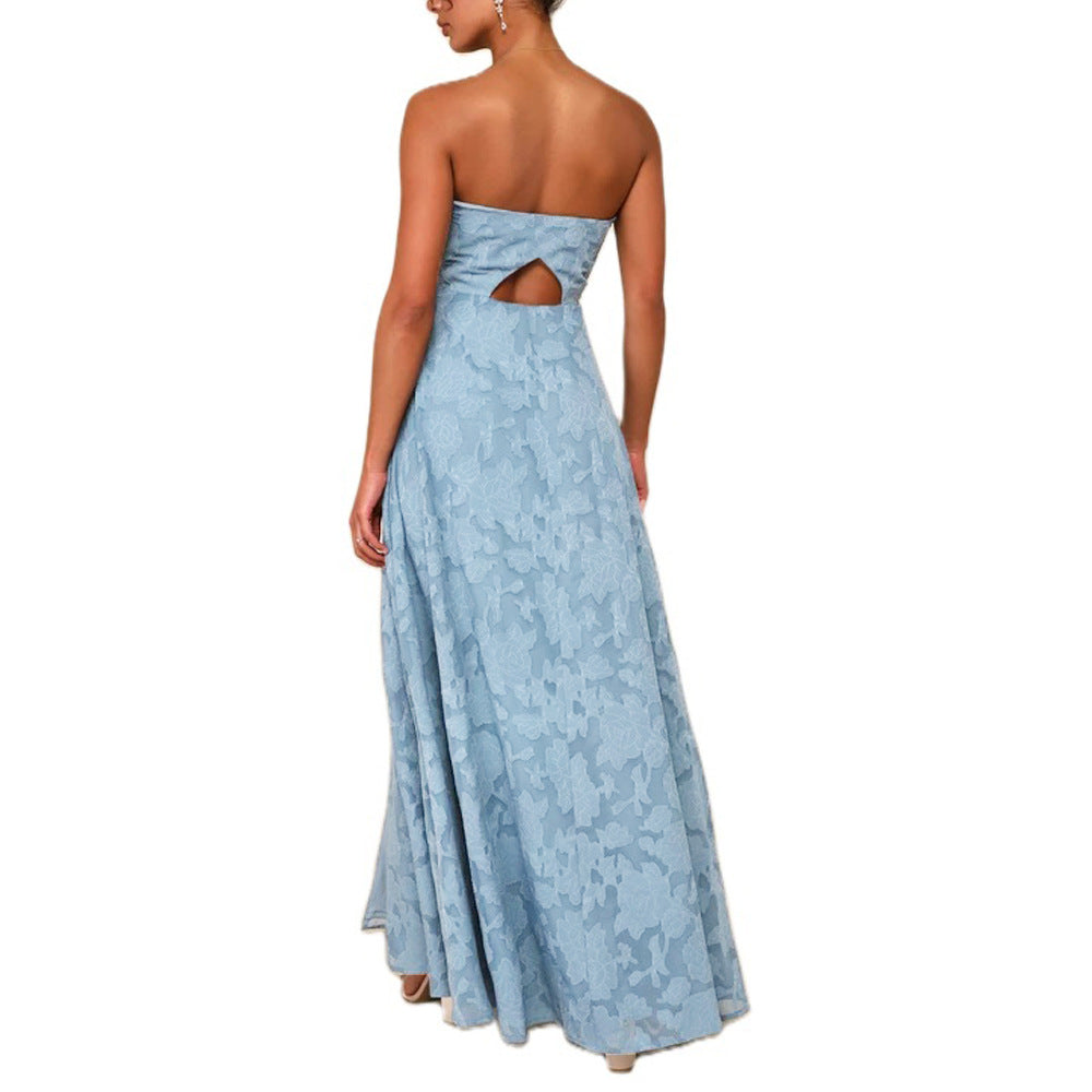 long strapless dress with  front slit​ Embroidery Dress - Chiccharm