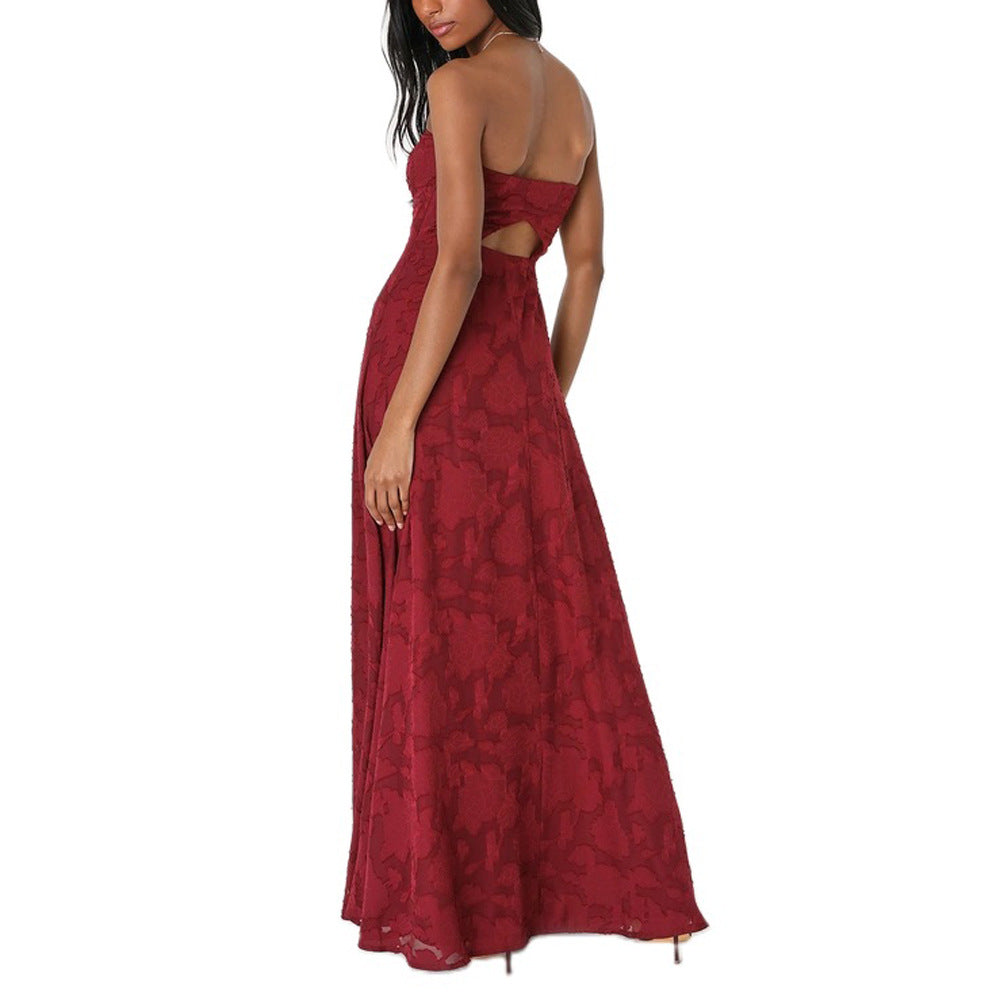long strapless dress with  front slit​ Embroidery Dress - Chiccharm