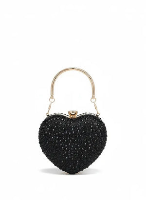 Black beaded heart-shaped handbag on a white background