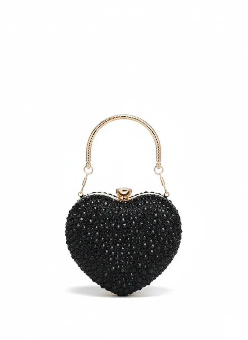 Black beaded heart-shaped handbag on a white background