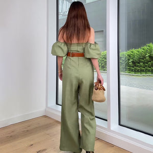 Off-Shoulder Puff Sleeve Straight Jumpsuit - Chiccharm Boutique