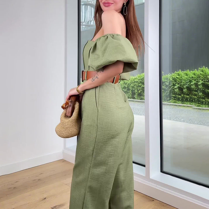Off-Shoulder Puff Sleeve Straight Jumpsuit - Chiccharm Boutique