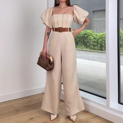 Off-Shoulder Puff Sleeve Straight Jumpsuit - Chiccharm Boutique