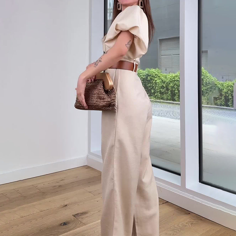 Off-Shoulder Puff Sleeve Straight Jumpsuit - Chiccharm Boutique