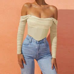 Off-Shoulder Ruched Long Sleeve Top - Chiccharm Boutique