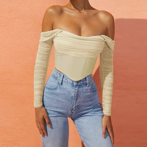Off-Shoulder Ruched Long Sleeve Top - Chiccharm Boutique