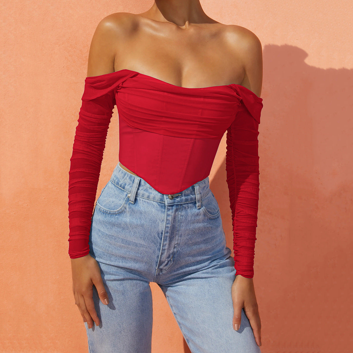 Off-Shoulder Ruched Long Sleeve Top - Chiccharm Boutique