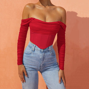 Off-Shoulder Ruched Long Sleeve Top - Chiccharm Boutique