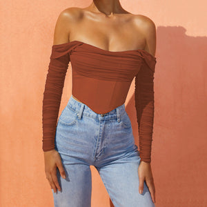 Off-Shoulder Ruched Long Sleeve Top - Chiccharm Boutique