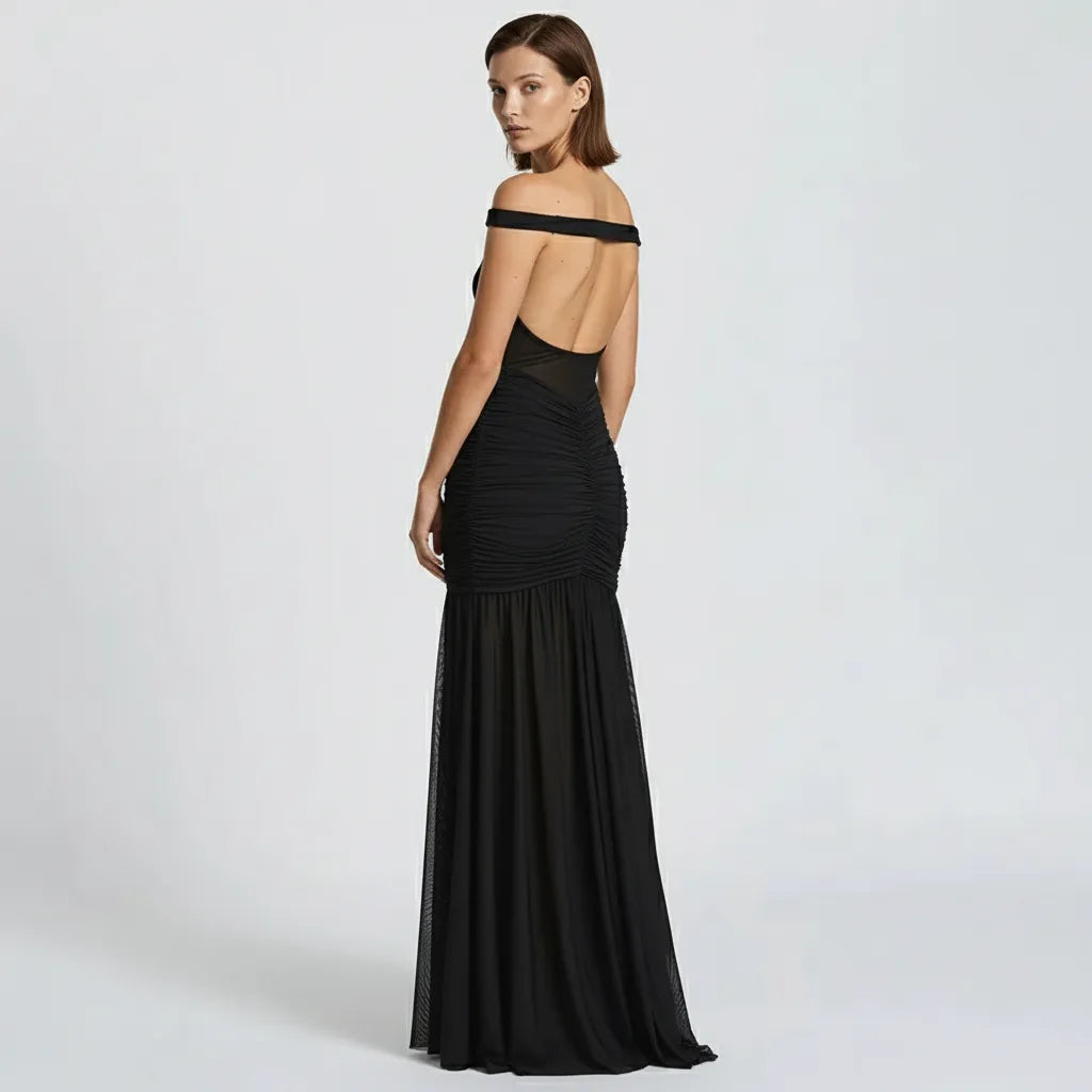 Mesh Maxi Dress – Off-Shoulder Ruched Slit Evening Gown - Chiccharm Boutique