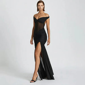 Mesh Maxi Dress – Off-Shoulder Ruched Slit Evening Gown - Chiccharm Boutique