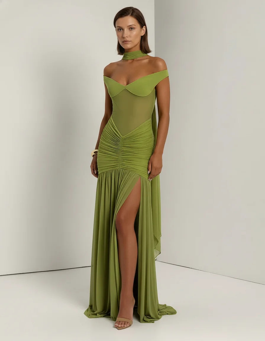 Mesh Maxi Dress – Off-Shoulder Ruched Slit Evening Gown - Chiccharm Boutique